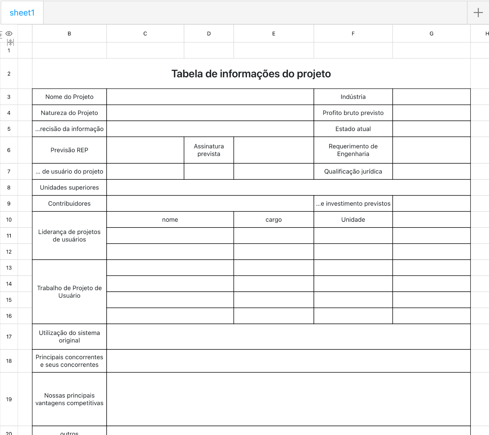 Tabela de informações do projeto